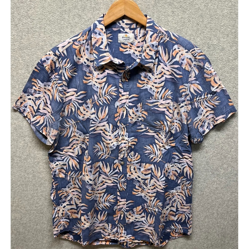 Marine Layer Mens Button Up Shirt Blue Short Sleeve Tropical Leaf Print Large